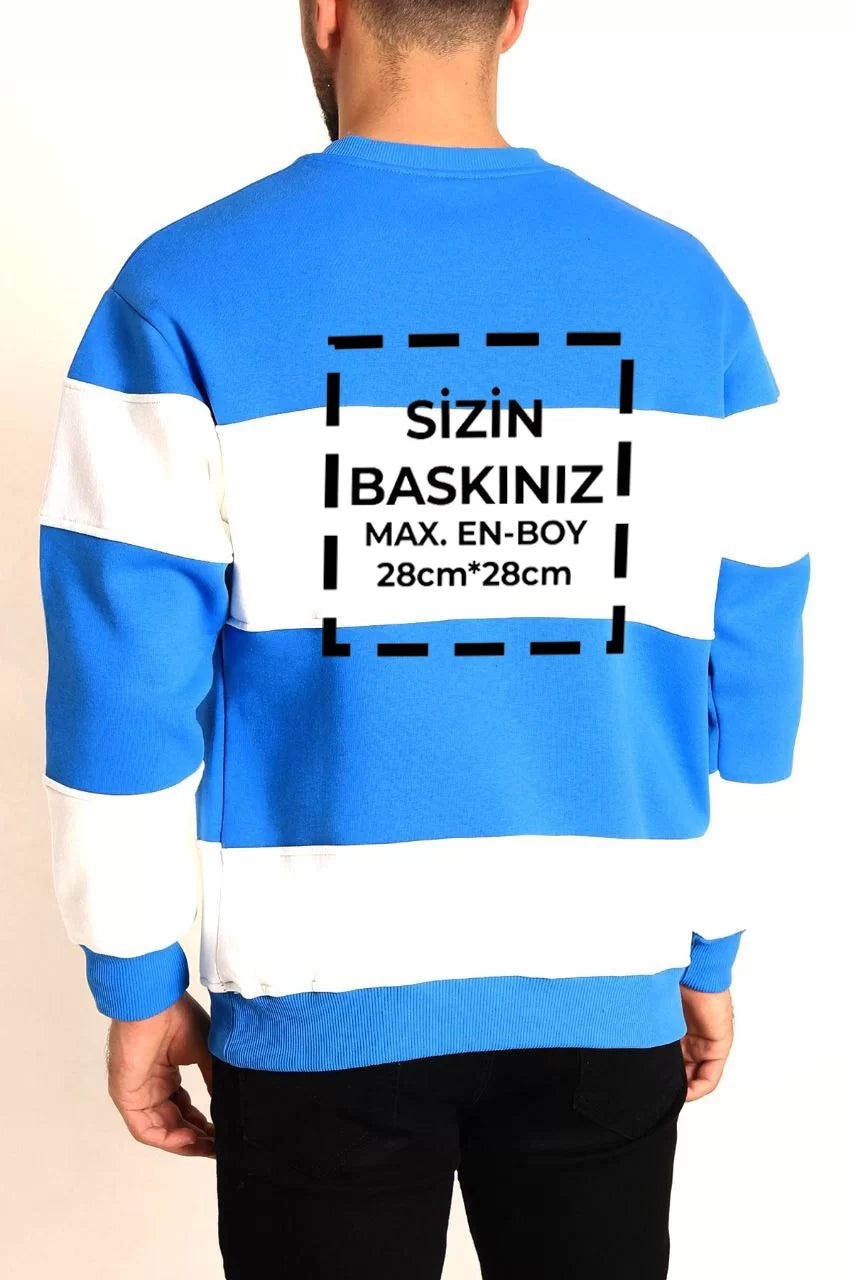 Bisiklet Yaka Parçalı Özel Üretim Sweatshirt- Mavi