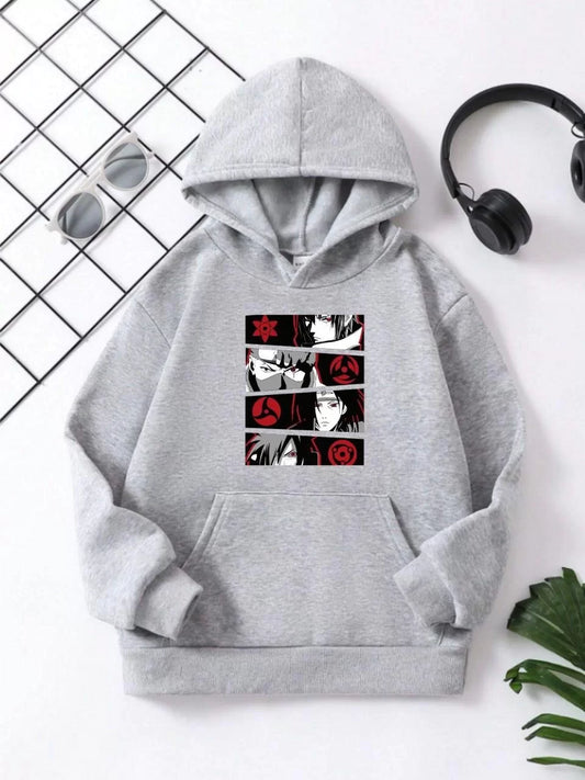 Çocuk Unisex Kapüşonlu Anime Baskılı Sweatshirt - Gri