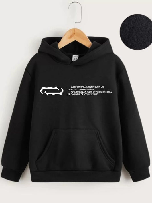 Çocuk Unisex Kapüşonlu Baskılı Sweatshirt - Siyah