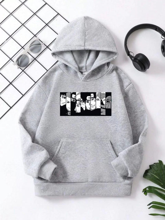 Çocuk Unisex Kapüşonlu Koyu Anime Baskılı Sweatshirt - Gri