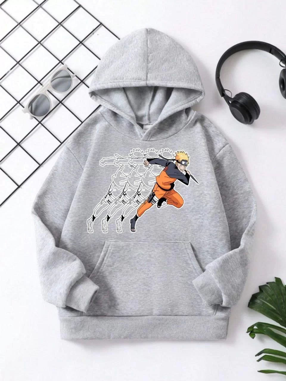 Çocuk Unisex Kapüşonlu Naruto Baskılı Pamuklu Sweatshirt - Gri