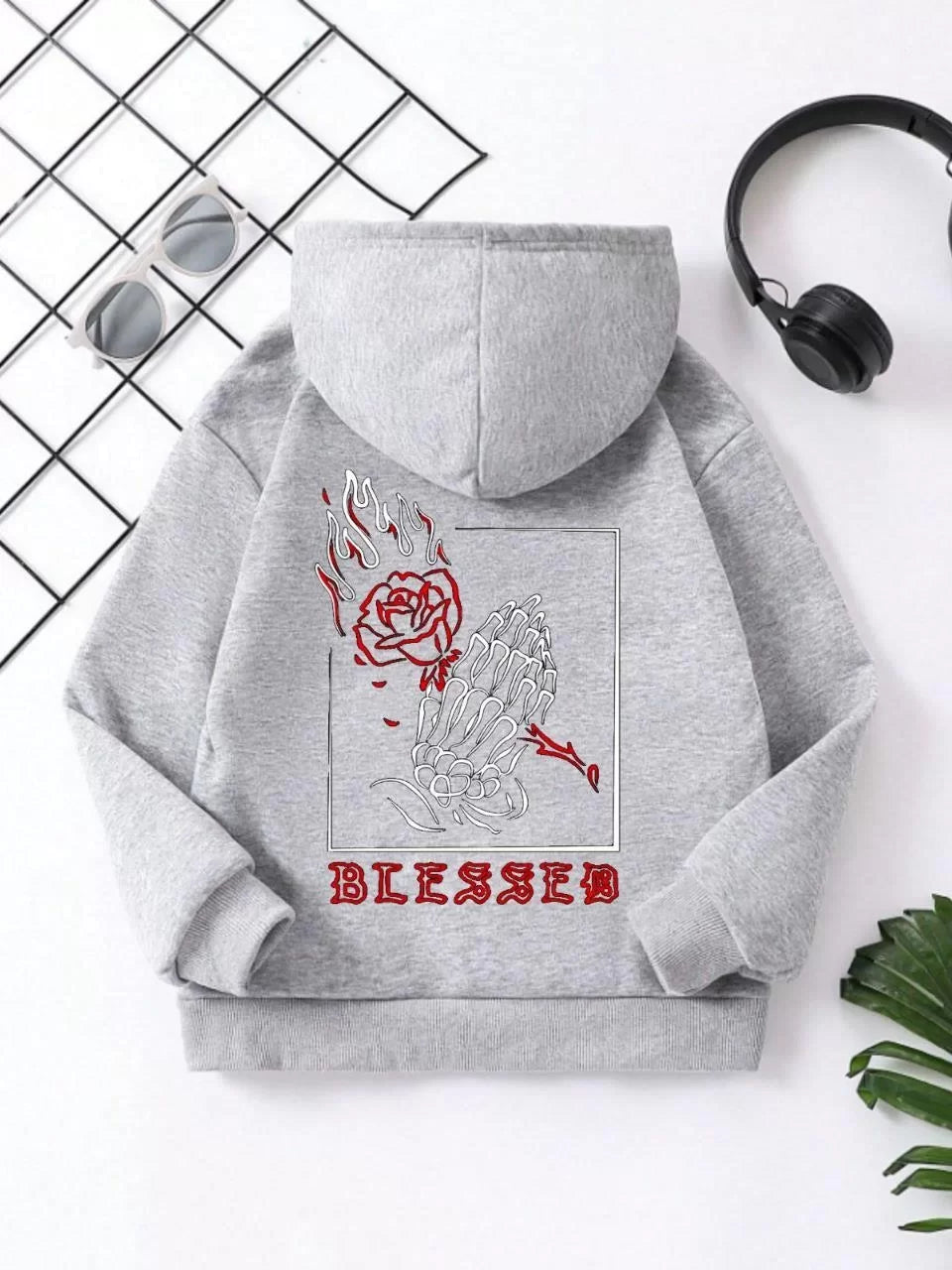 Çocuk Unisex Kapüşonlu Ön ve Arka Blessed Baskılı Pamuklu Sweatshirt - Gri