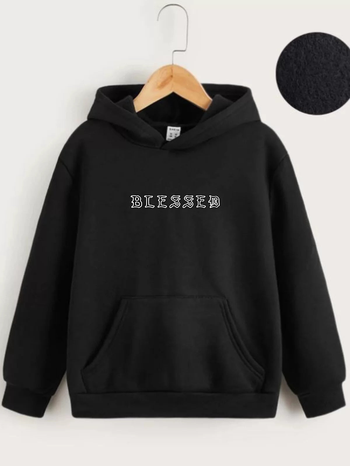 Çocuk Unisex Kapüşonlu Ön ve Arka Blessed Baskılı Sweatshirt - Siyah