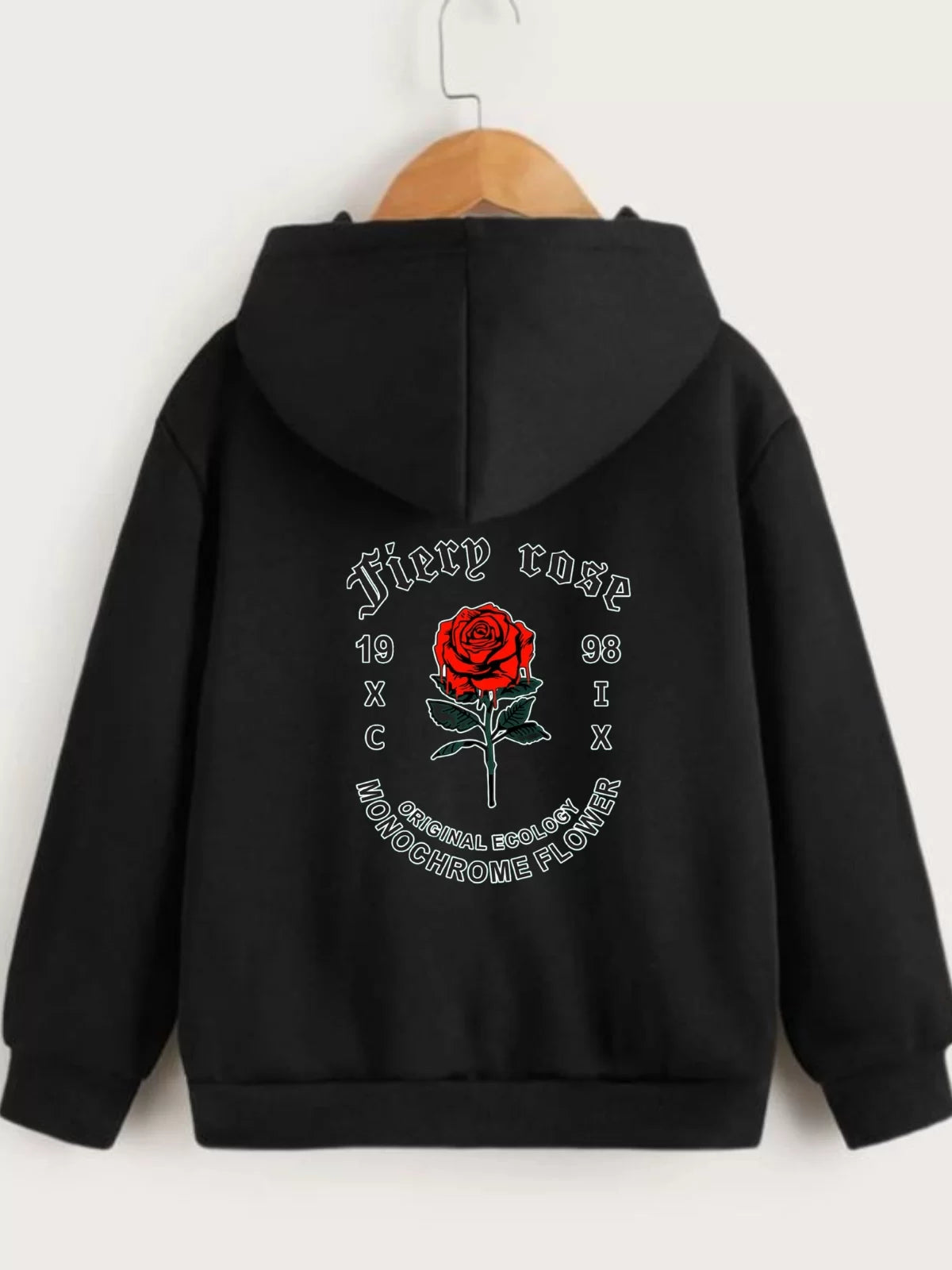 Çocuk Unisex Kapüşonlu Ön ve Arka Fiery Rose Baskılı Sweatshirt - Siyah