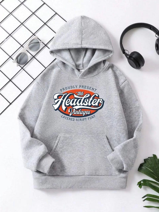 Çocuk Unisex Kapüşonlu Vintages Baskılı Pamuklu Sweatshirt - Gri