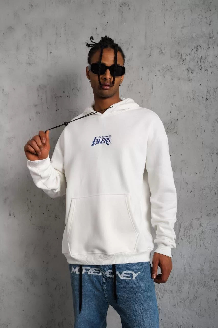 Erkek 24 Sırt Baskılı Ovresize Üç İplik Kapüşonlu Sweatshirt - Beyaz