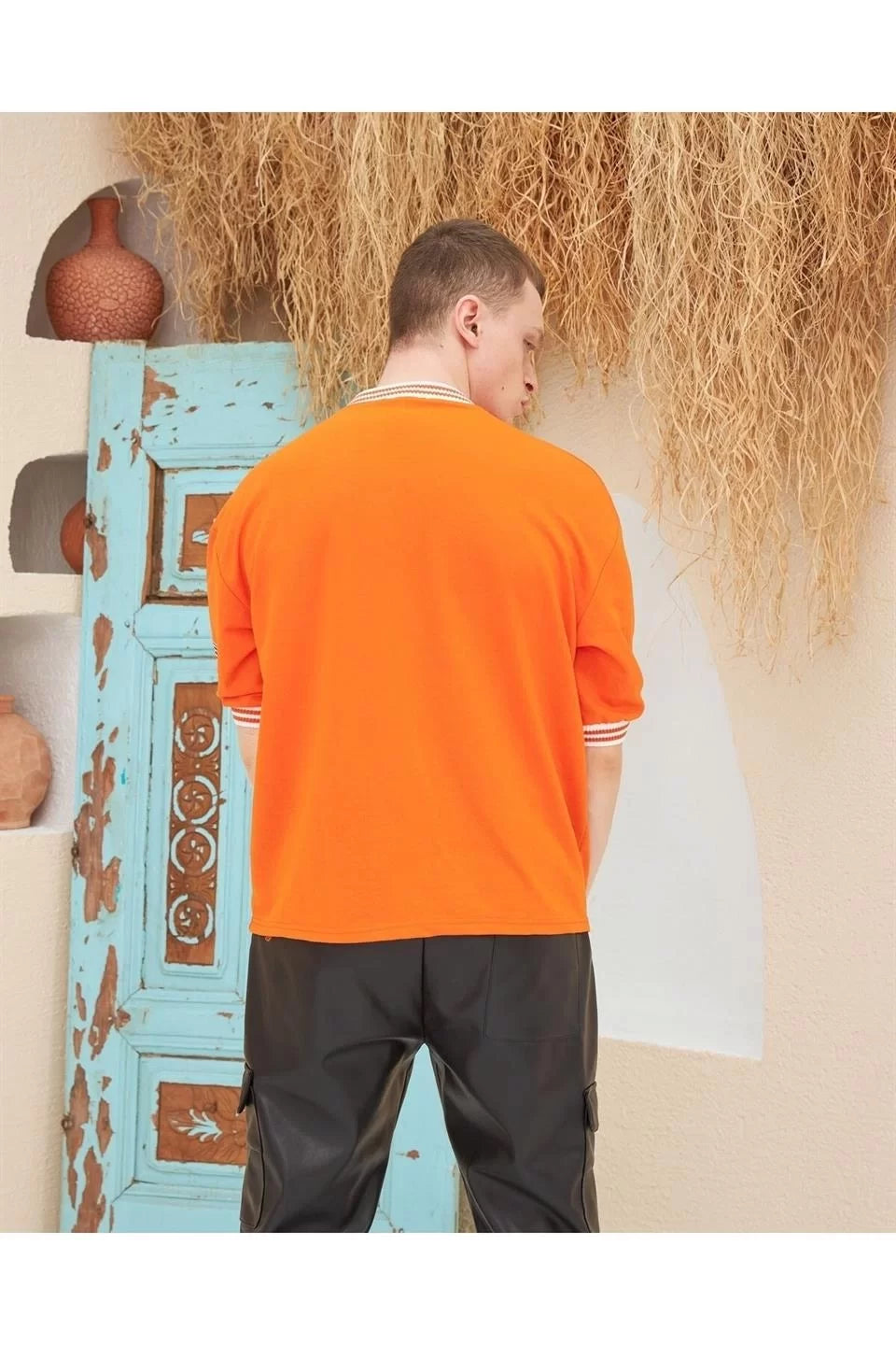 Erkek Nakış İşlemeli Ribanalı Oversize T-shirt - Turuncu