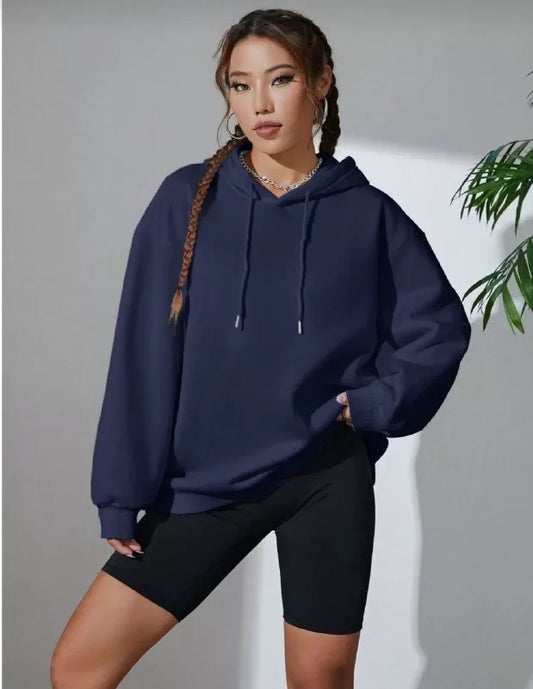 Kadın Uzun Kol Kapşonlu Basic Sweatshirt hoodie - Lacivert