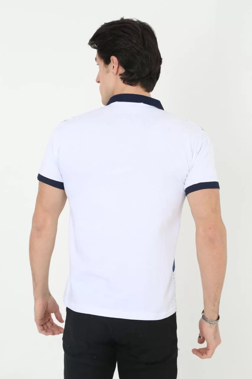 Erkek Yakalı Slim Fit Baskılı T-Shirt - Beyaz