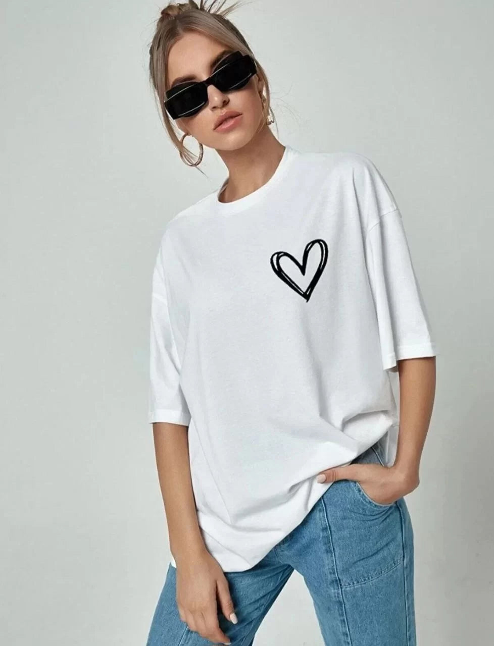 Kadın Bisiklet Yaka Baskılı Oversize T-Shirt - Beyaz