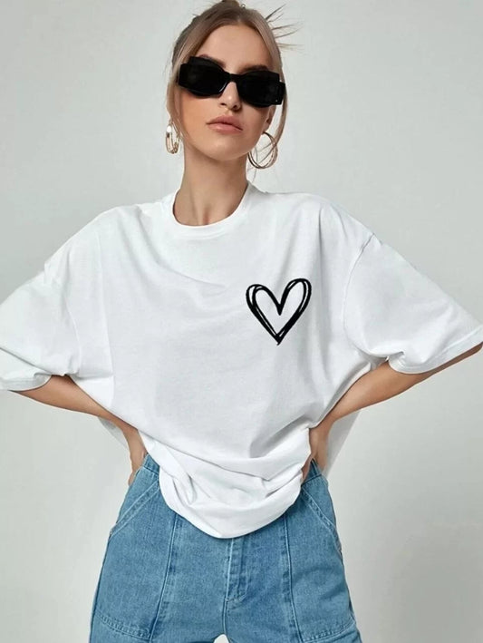 Kadın Bisiklet Yaka Baskılı Oversize T-Shirt - Beyaz