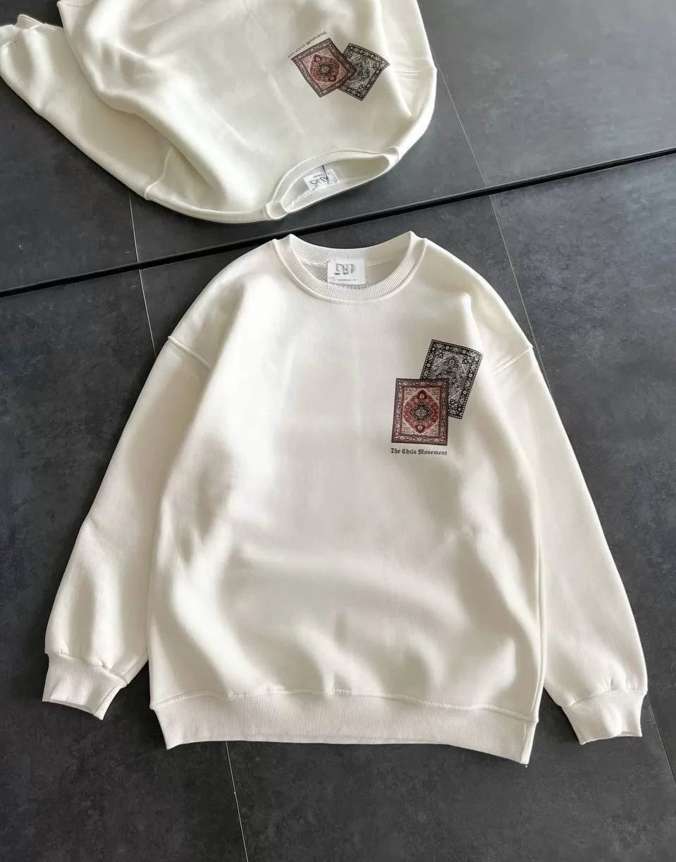 Kadın Bisiklet Yaka Baskılı SweatShirt - Beyaz