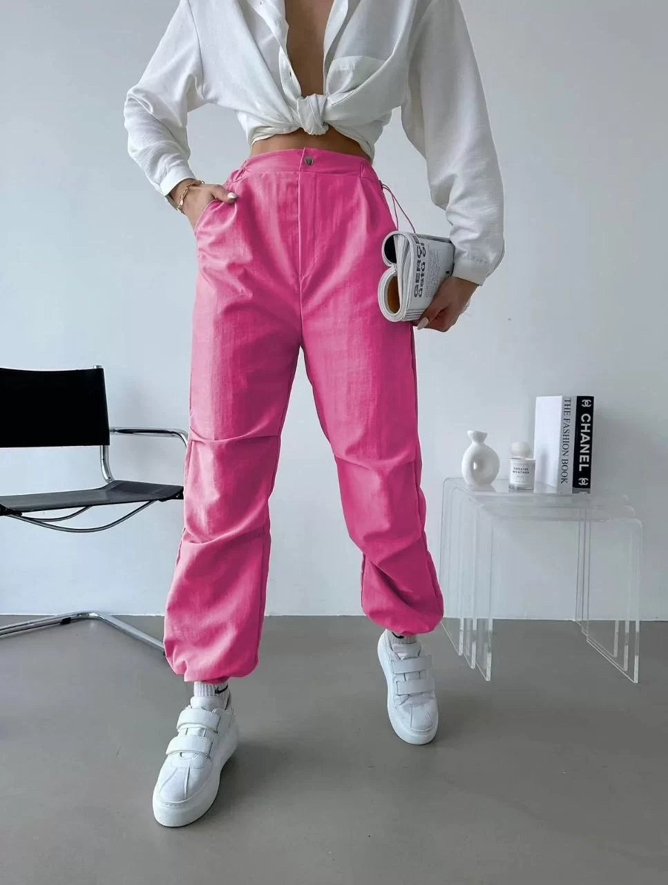 Kadın Paraşüt Kumaş Beli Lastikli Pantalon-Pembe