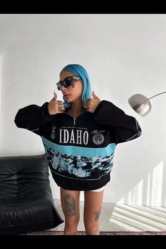 Kadın Yarım Fermuarlı Oversize Baskılı SweatShirt - Siyah