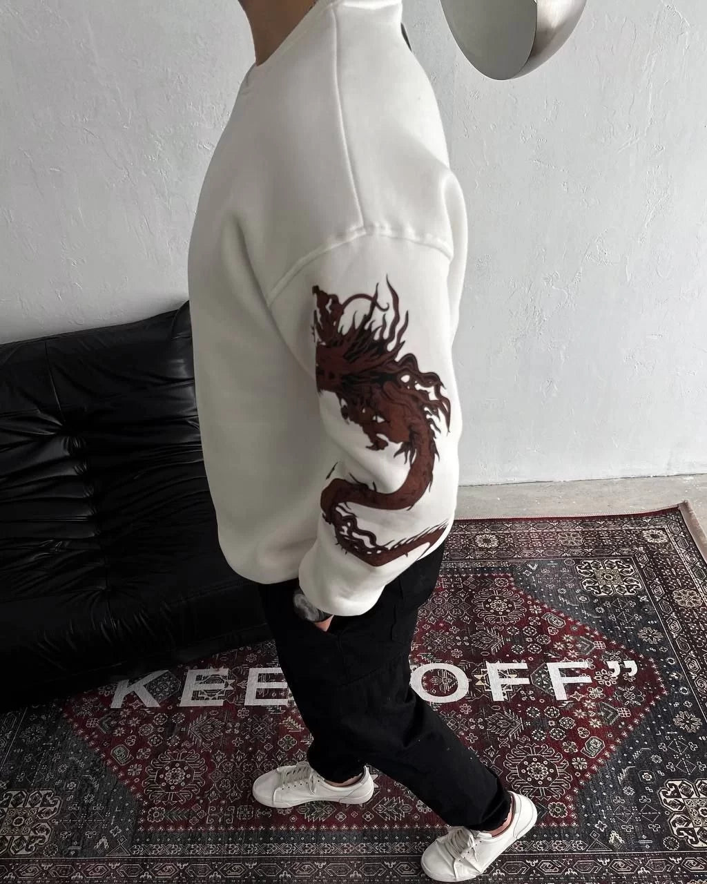 Kışlık Bisiklet Yaka Baskılı SweatShirt - Beyaz