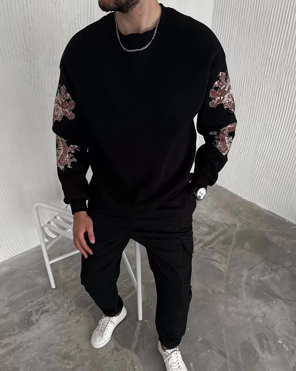 Kışlık Bisiklet Yaka Baskılı SweatShirt - Siyah