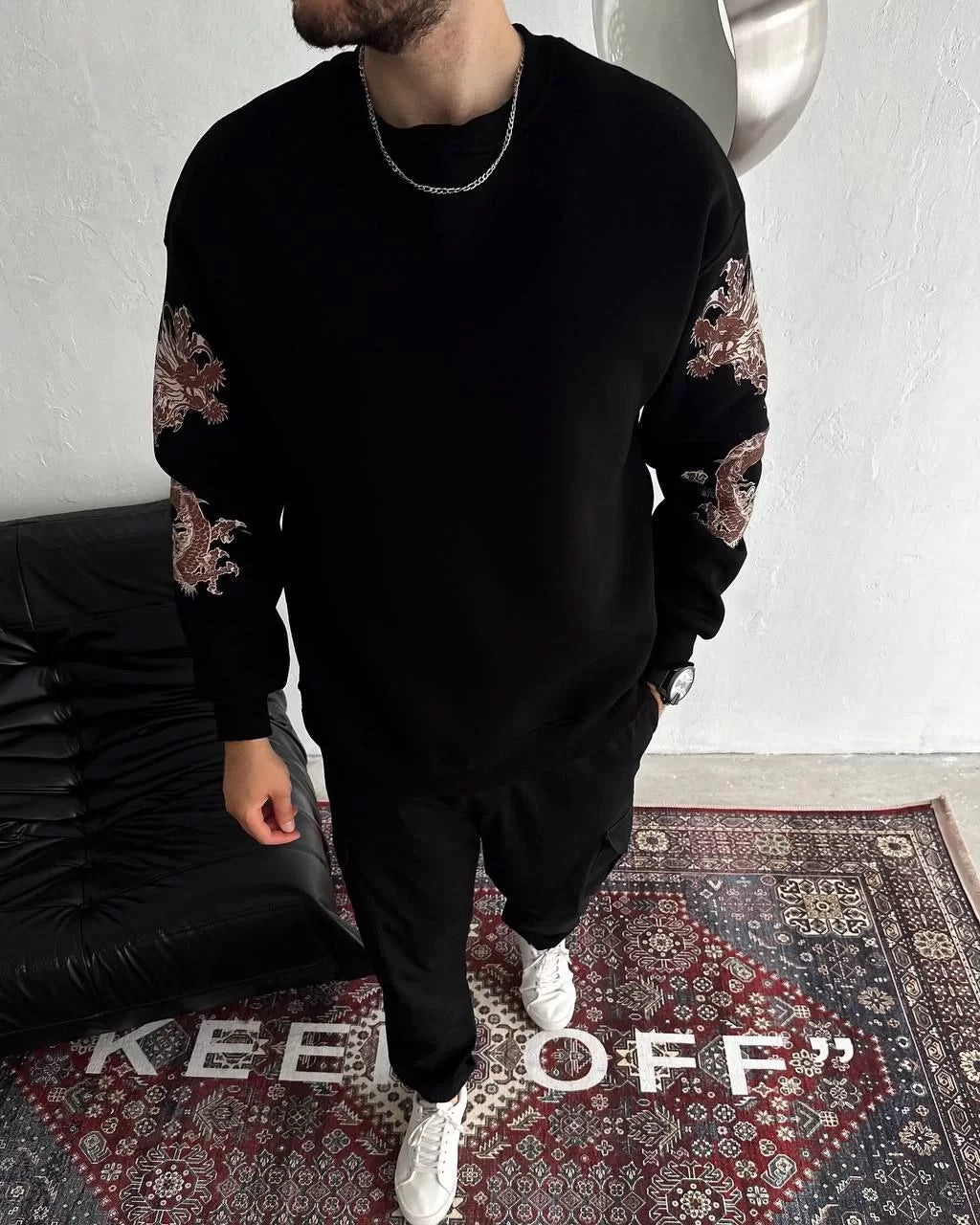 Kışlık Bisiklet Yaka Baskılı SweatShirt - Siyah