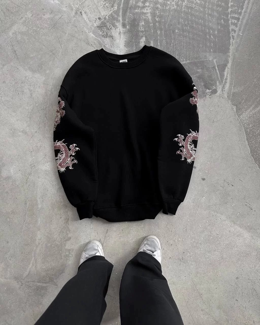 Kışlık Bisiklet Yaka Baskılı SweatShirt - Siyah