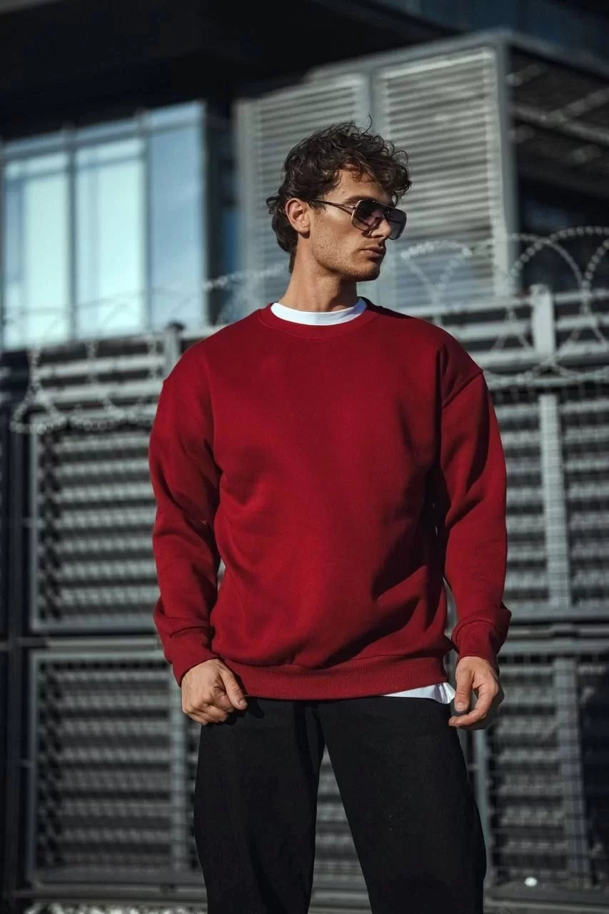 Kışlık Bisiklet Yaka Üç İplik Basic SweatShirt - Bordo