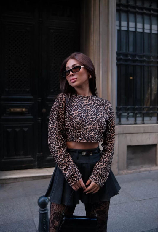 Leopar desenli Uzun Kollu Crop - Leopar