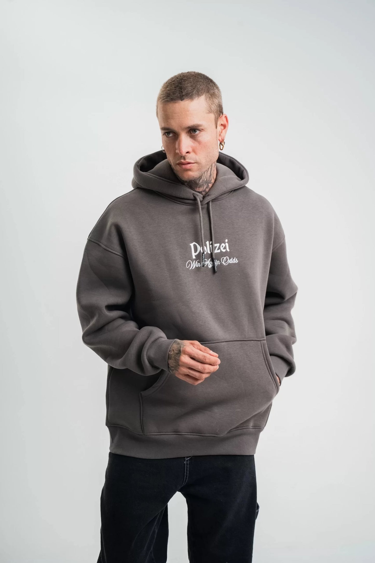 Üç İplik Kapşonlu Dijital Patchli SweatShirt - Füme