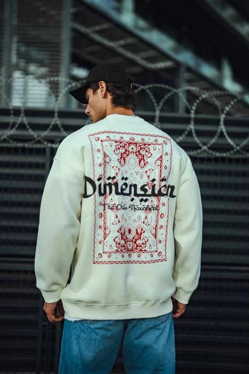 Üç İplik Penye Bisiklet Yaka Oversize Baskılı SweatShirt - Beyaz