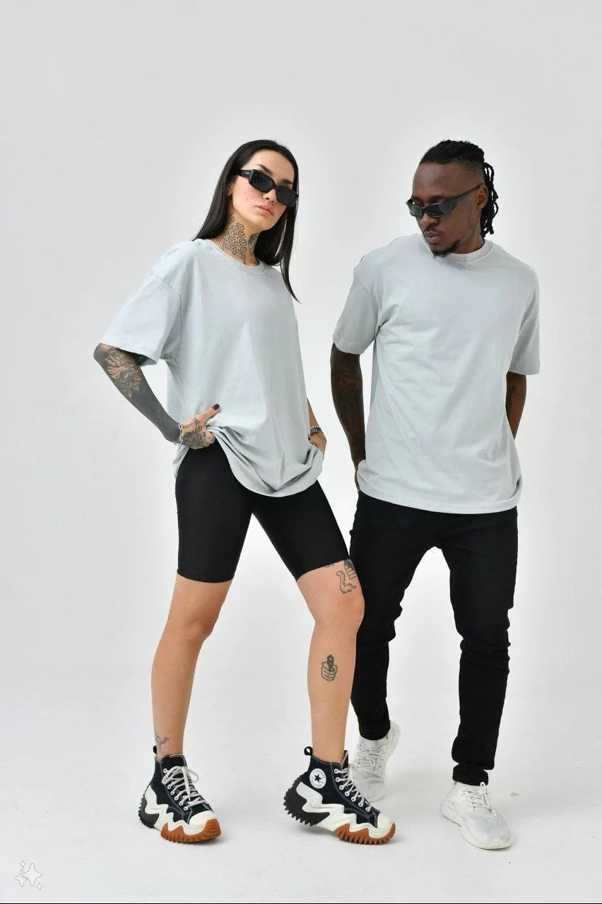 Unisex Basic Bisiklet Yaka Oversize T-Shirt - Boyalı Gri