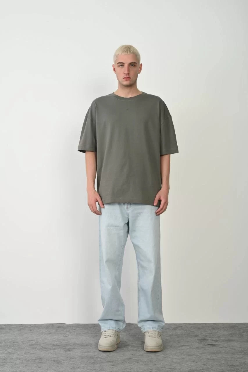 Unisex Basic Bisiklet Yaka Oversize T-Shirt - Füme