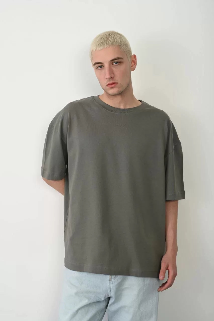 Unisex Basic Bisiklet Yaka Oversize T-Shirt - Füme