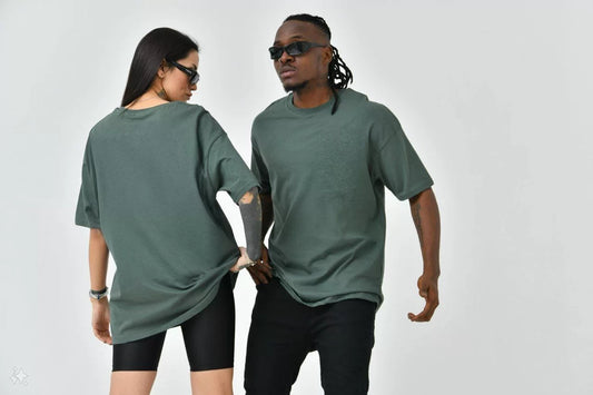 Unisex Basic Bisiklet Yaka Oversize T-Shirt - Haki