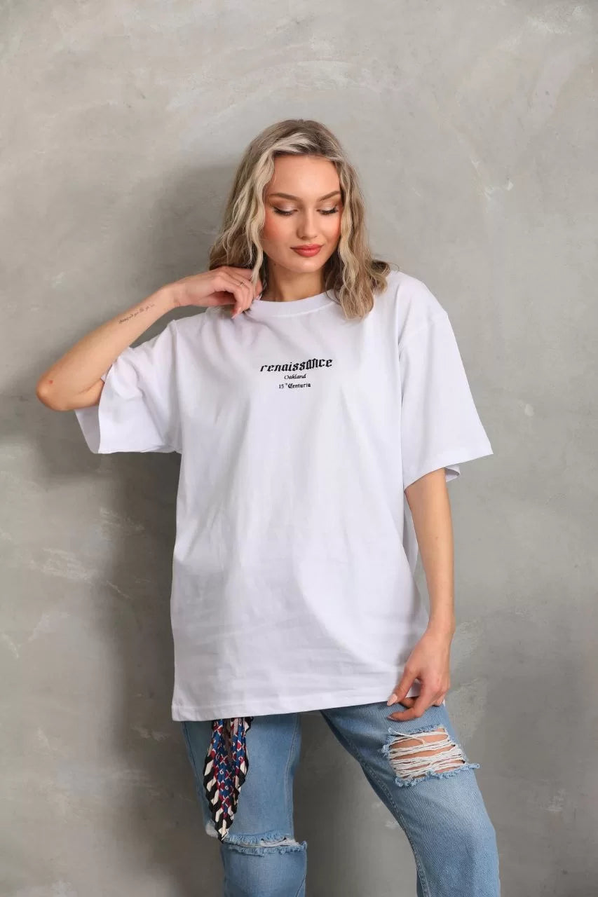 Unisex Baskılı Oversize T-Shirt - Beyaz