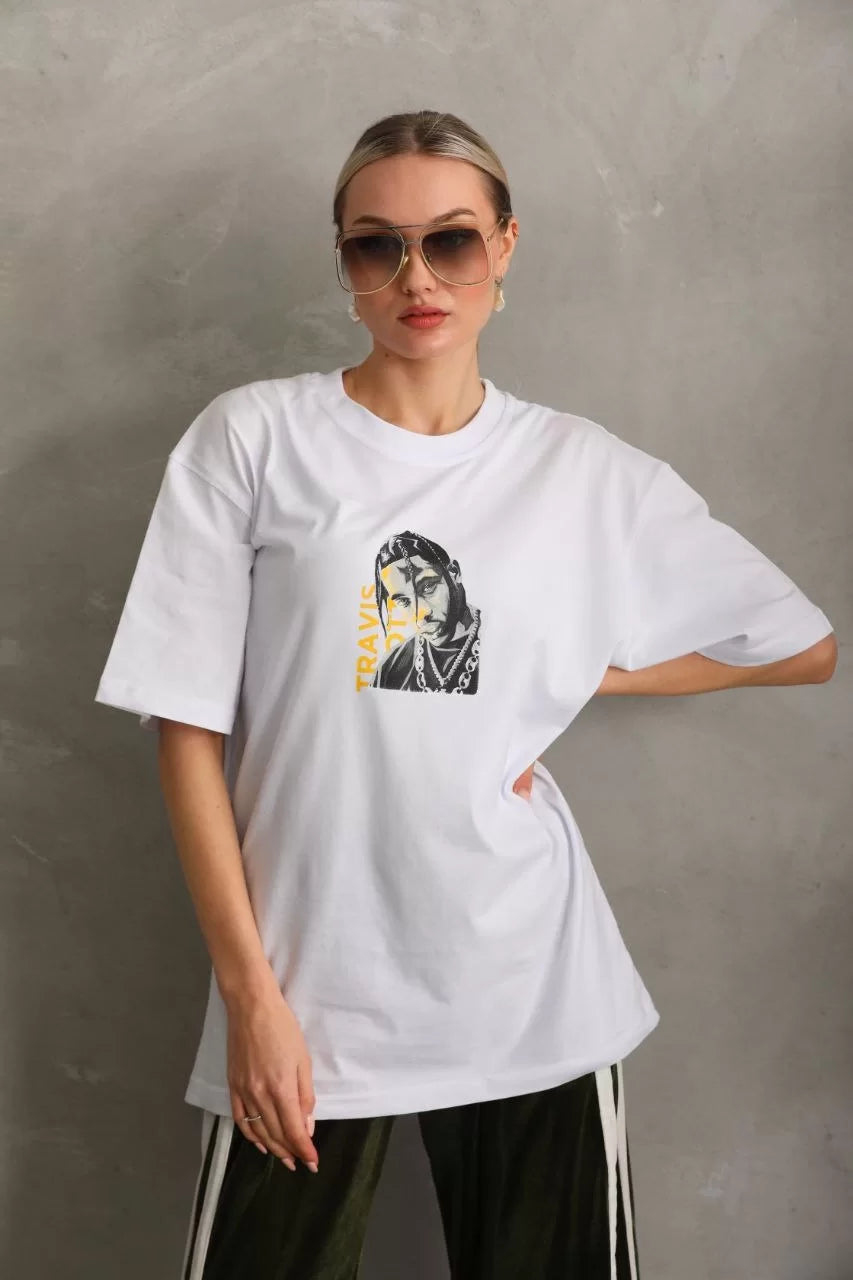 Unisex Baskılı Oversize T-Shirt - Beyaz