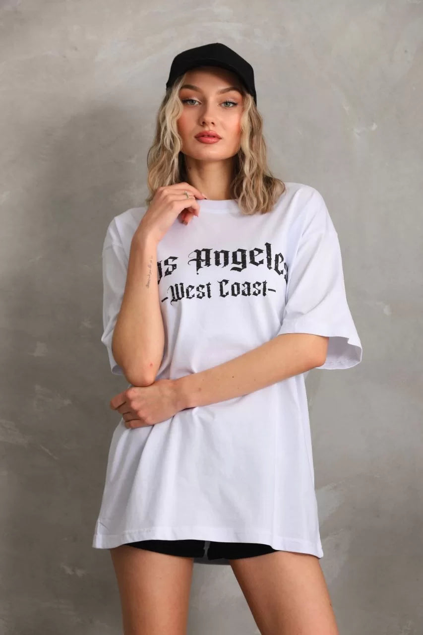 Unisex Baskılı Oversize T-Shirt - Beyaz