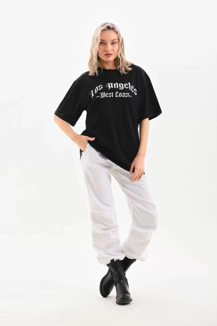 Unisex Baskılı Oversize T-Shirt - Siyah