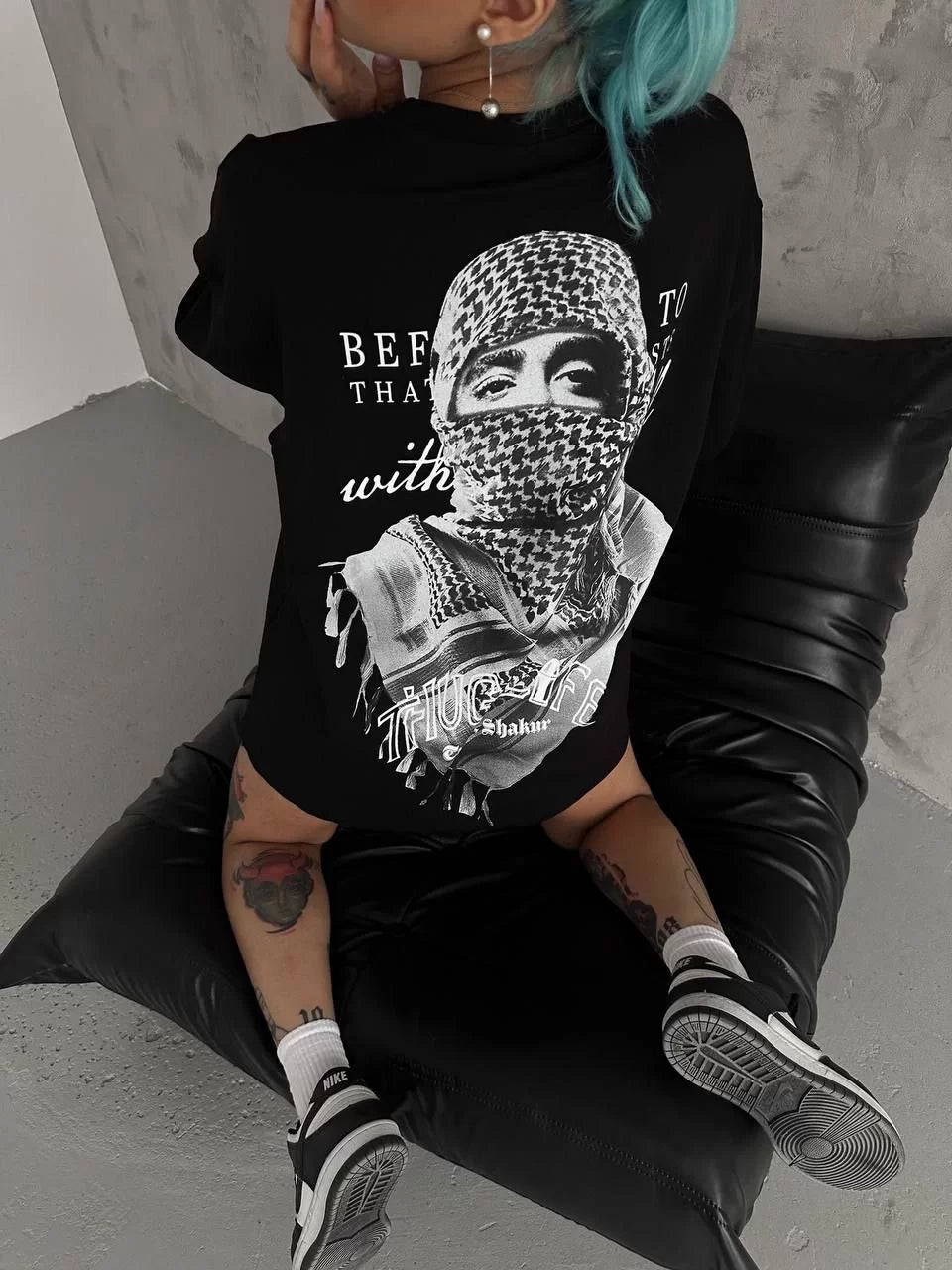 Unisex Baskılı Oversize T-Shirt - Siyah