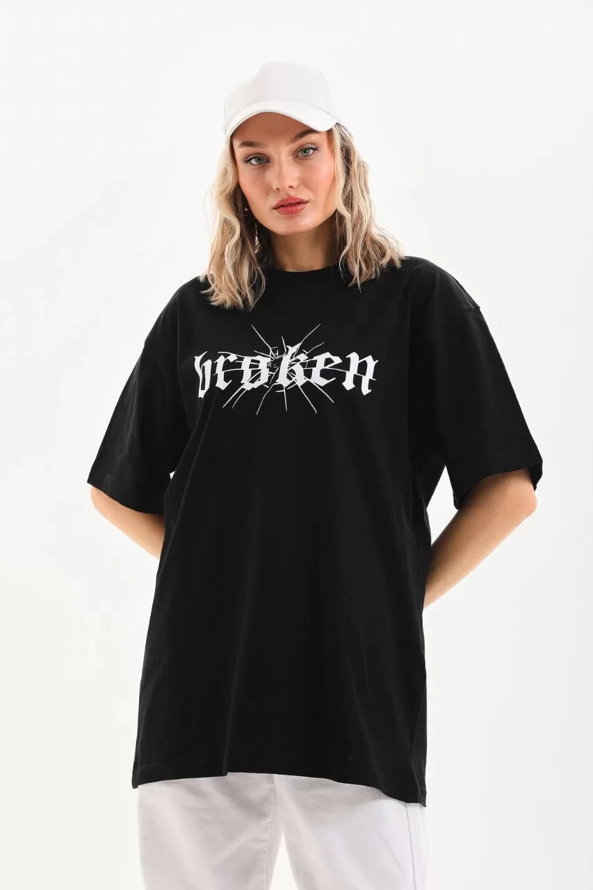 Unisex Baskılı Oversize T-Shirt - Siyah