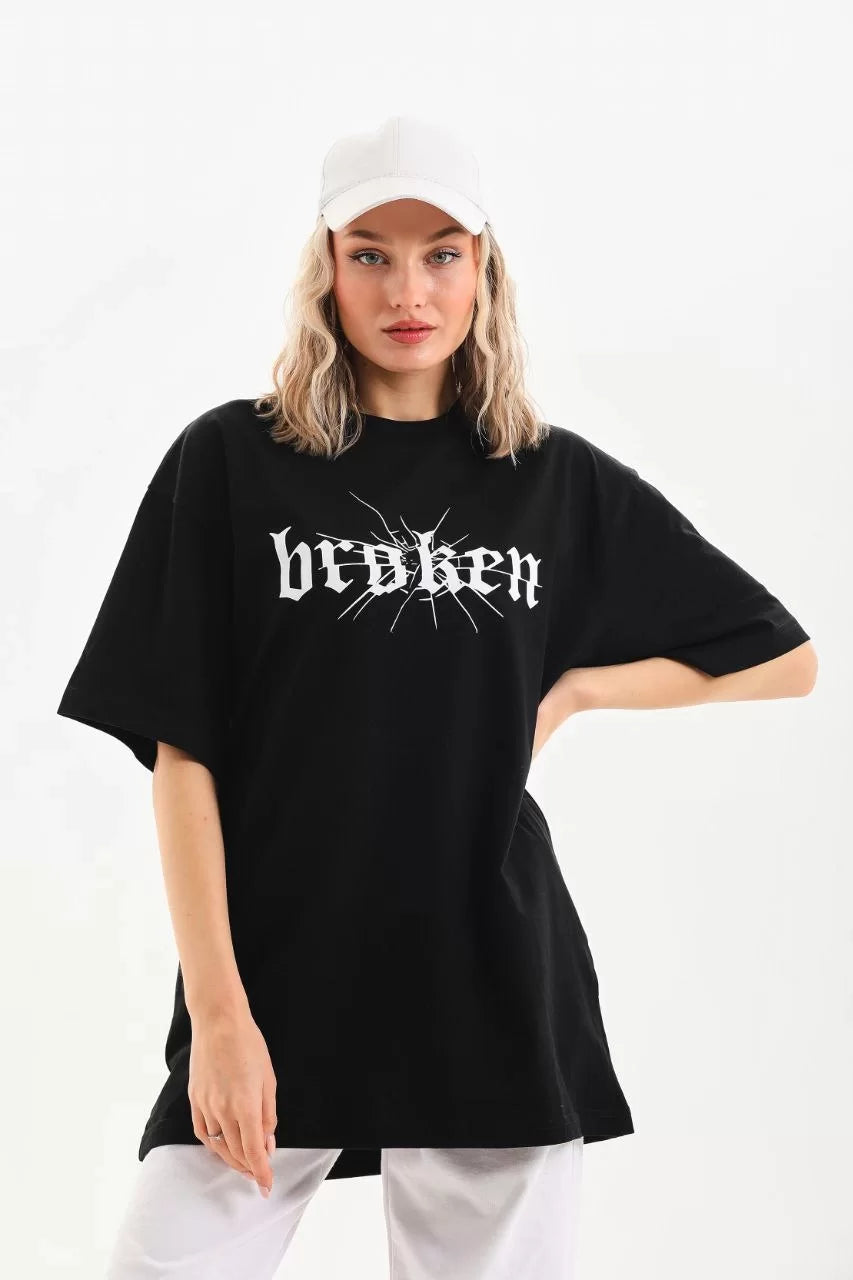 Unisex Baskılı Oversize T-Shirt - Siyah