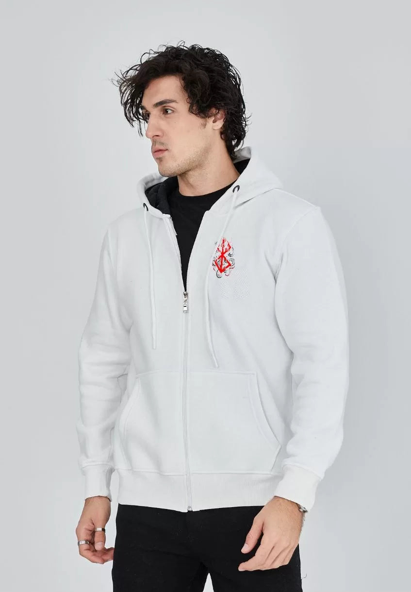 Unisex Baskılı Tam Fermuarlı Kapşonlu SweatShirt - Beyaz