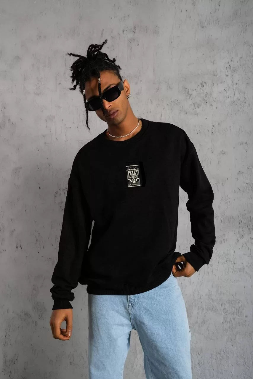 Unisex Bisiklet Yaka Baskılı Oversize Sweatshirt - Siyah