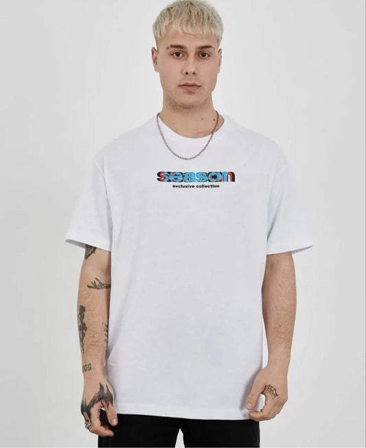 Unisex Bisiklet Yaka Baskılı Oversize T-Shirt - Beyaz