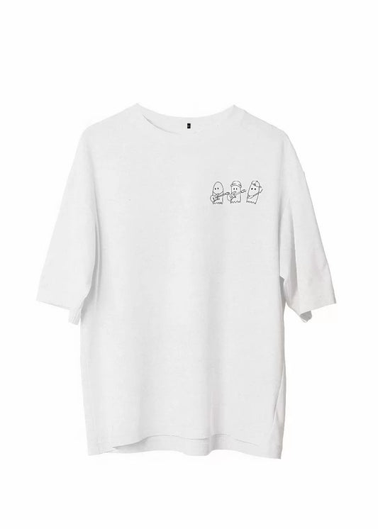 Unisex Bisiklet Yaka Baskılı Oversize T-Shirt - Beyaz