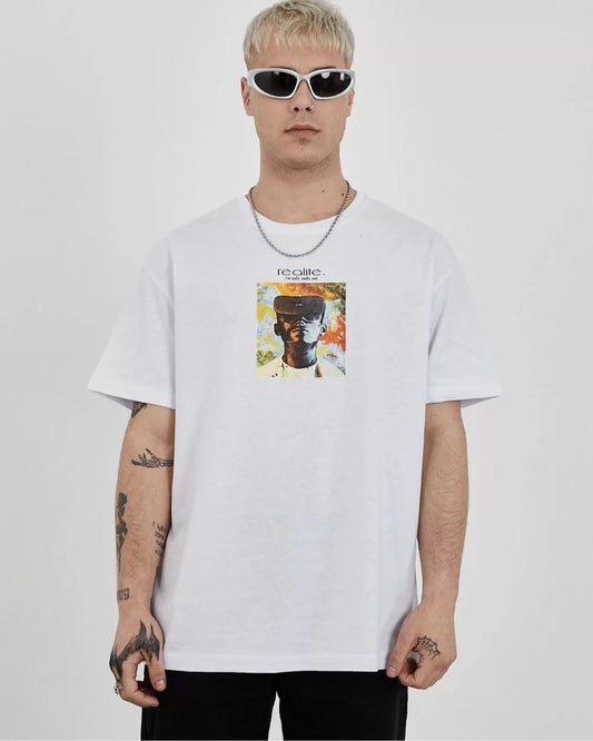 Unisex Bisiklet Yaka Baskılı Oversize T-Shirt - Beyaz