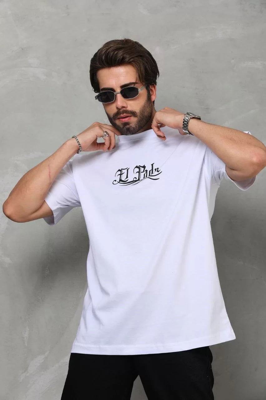 Unisex Bisiklet Yaka Baskılı Oversize T-Shirt - Beyaz