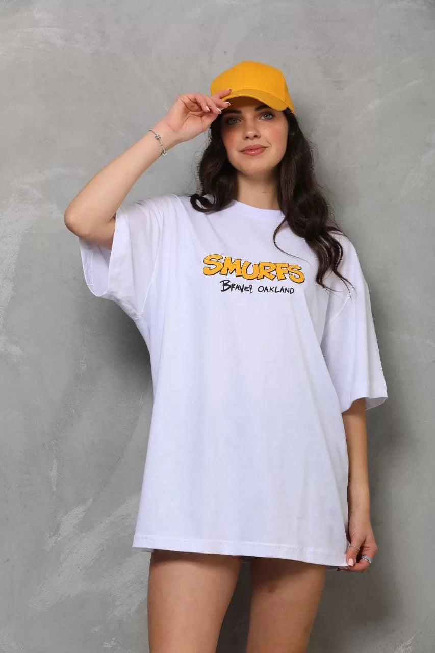 Unisex Bisiklet Yaka Baskılı Oversize T-Shirt - Beyaz