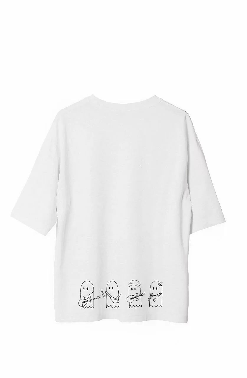 Unisex Bisiklet Yaka Baskılı Oversize T-Shirt - Beyaz