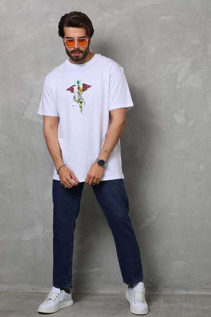 Unisex Bisiklet Yaka Baskılı Oversize T-Shirt - Beyaz