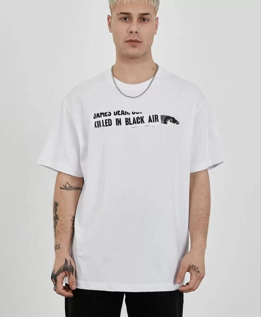 Unisex Bisiklet Yaka Baskılı Oversize T-Shirt - Beyaz