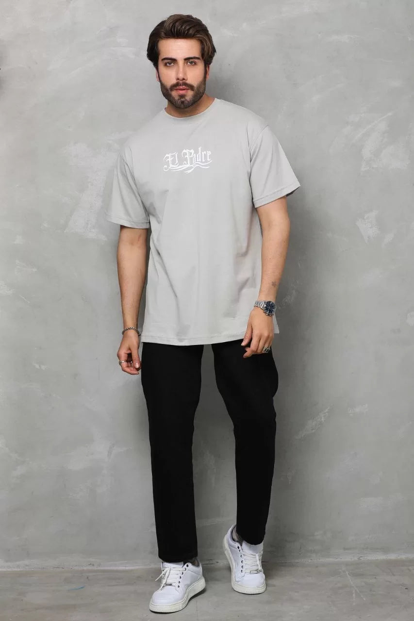 Unisex Bisiklet Yaka Baskılı Oversize T-Shirt - Gri