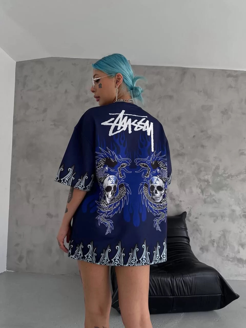 Unisex Bisiklet Yaka Baskılı Oversize T-Shirt - Lacivert