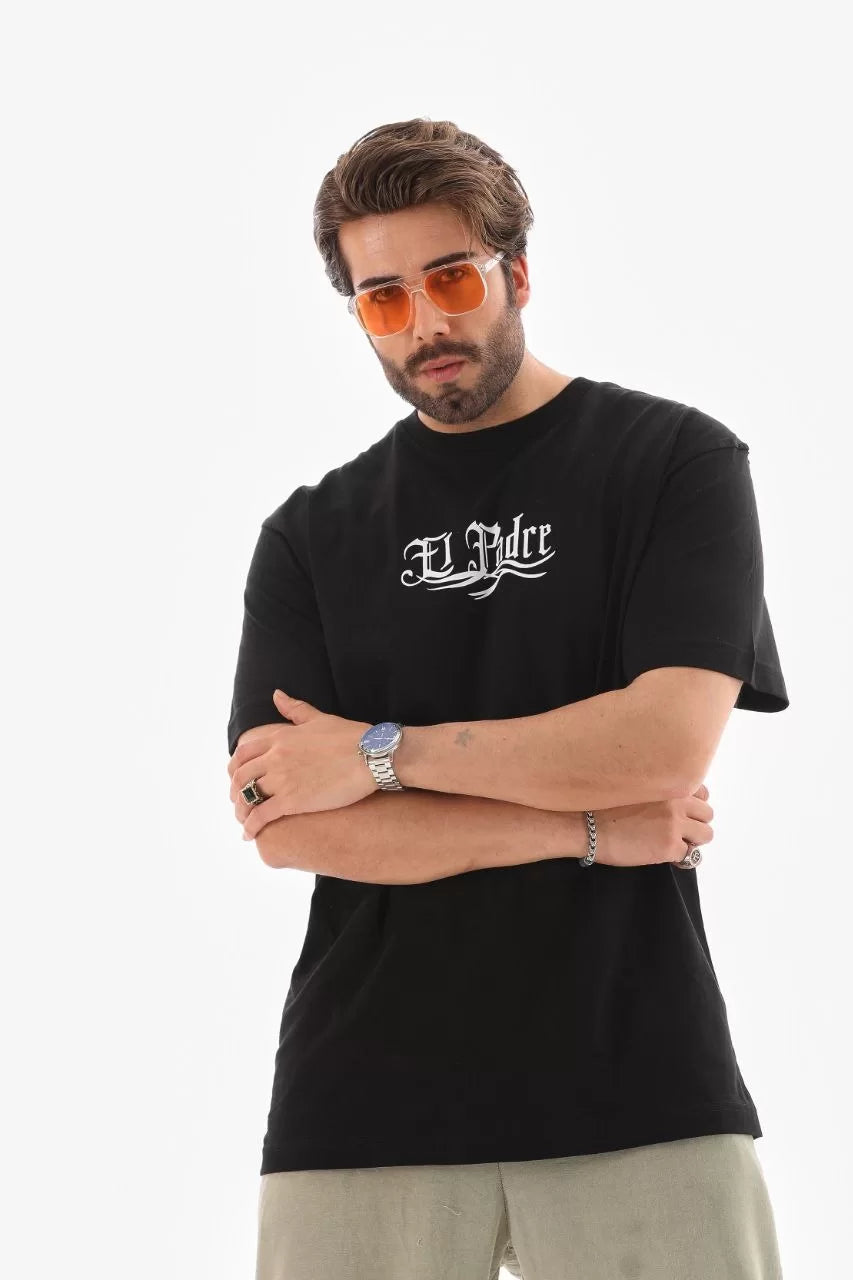 Unisex Bisiklet Yaka Baskılı Oversize T-Shirt - Siyah